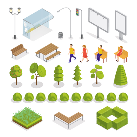 Isometric City. Isometric People. Urban Elements. Trees and Plants. Vector illustrationのイラスト素材