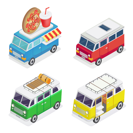 Isometric Car. Food Truck. Family Camper. Isometric Transportation. Vector illustrationのイラスト素材
