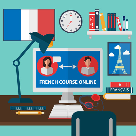 Learning French Online. Online Training Courses. French Language School. Online Education. Vector illustrationのイラスト素材