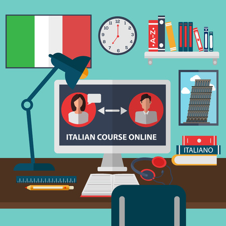 Learning Italian Online. Online Training Courses. Italian Language School. Online Education. Vector illustrationのイラスト素材