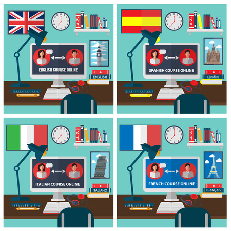 Learning Foreign Language Online. Online Training Courses. Language School. Online Education. Vector illustrationのイラスト素材