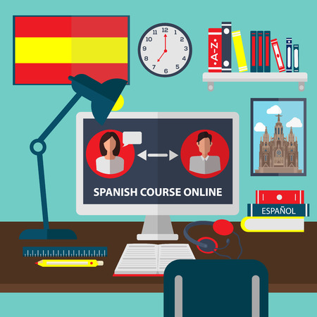 Learning Spanish Online. Online Training Courses. Spanish Language School. Online Education. Vector illustrationのイラスト素材