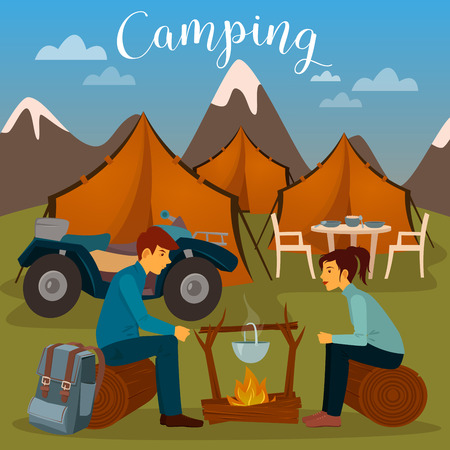 Summer Camp. Man and Woman sitting by Fireplace. Camping and ATV. Vector illustrationのイラスト素材