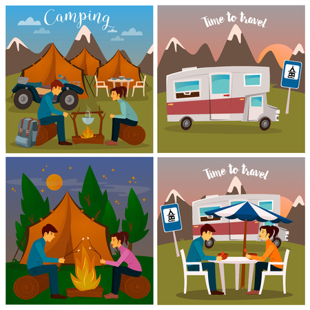 Summer Camp. Man and Woman sitting by Fireplace. Time to Travel. Vector illustrationのイラスト素材