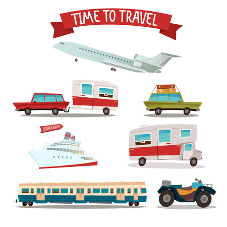 Travel Transportation Set. Camper and Car. Train and Plane. ATV Motorcycle. Passenger Ship. Vector illustrationのイラスト素材