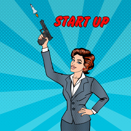 Businesswoman Gives a Start to New Project. Business Woman. Business Lady with Gun. Start Up. Pop Art. Vector illustrationのイラスト素材