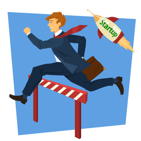 Running Businessman Jumping Over Barrier. Business Startup. Vector illustrationのイラスト素材