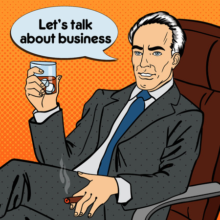Senior Businessman. Smoking Man in Chair. Businessman Drinking Whiskey. Pop Art. Vector illustrationのイラスト素材