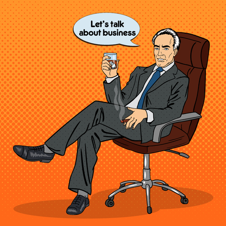 Senior Businessman. Smoking Man in Chair. Businessman Drinking Whiskey. Pop Art. Vector illustrationのイラスト素材