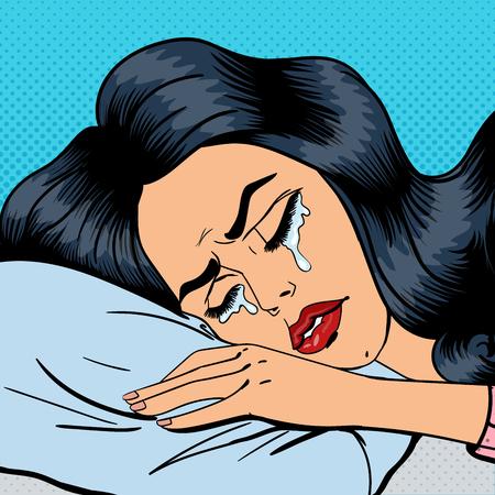 Crying Woman. Exhausted Woman. Woman Crying in a Pillow. Pop Art. Vector illustrationのイラスト素材