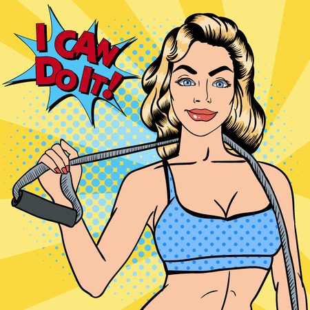 Woman with Sport Equipment. Fitness Girl. Athletic Woman. Pop Art. Vector illustrationのイラスト素材