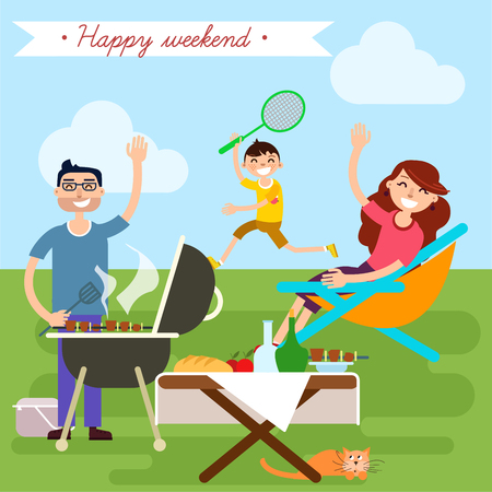 Family Weekend. Happy Family. Barbecue Party. Family Picnic. Family on Vacation. Vector illustrationのイラスト素材