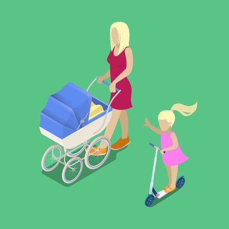 Isometric People. Young Mother with Babby Carriage. Girl on the Scooter. Isometric Family. Vector illustrationのイラスト素材