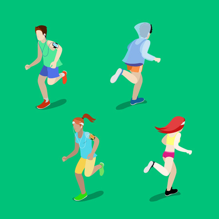 Isometric People. Running Man. Running Woman. Active People. Vector illustrationのイラスト素材