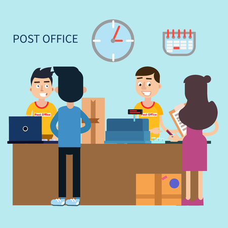 Post Office. Woman Receiving Letter. Postal Service. Man Sending Parcel. Vector illustrationのイラスト素材