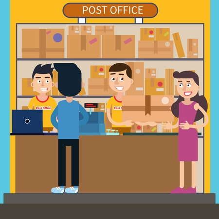 Post Office. Woman Receiving Parcel. Postal Service. Man Sending Letter. Vector illustrationのイラスト素材