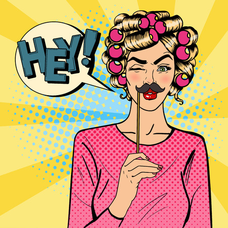 Woman Winks. Attractive Girl with Curlers on her Head. Woman with Photo Booth Mustache. Pop Art. Vector illustrationのイラスト素材