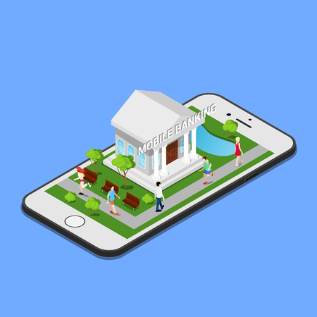 Isometric Mobile Banking. Isometric Bank. Mobile Payment. Vector illustrationのイラスト素材
