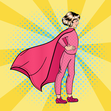 Super Girl. Girl Super Hero. Supergirl Standing on the Roof. Pop Art. Vector illustrationのイラスト素材
