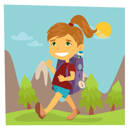 Girl Scout. Girl in Hike. Girl with Backpack. Vector illustrationのイラスト素材