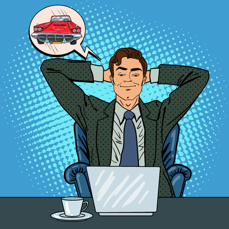 Happy Businessman with Laptop. Office Worker Dreaming About New Car. Pop Art. Vector illustrationのイラスト素材