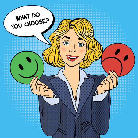 Woman Holdings Emoticons in her Hands. Pop Art. Vector illustrationのイラスト素材