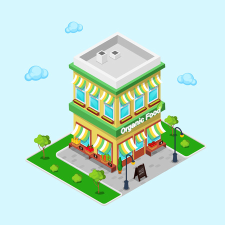 Organic Food Shop. Isometric Grocery. Healthy Eating. Vector illustrationのイラスト素材