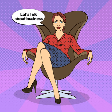 Successful Business Woman. Woman Sitting in Luxury Chair. Pop Art. Vector illustrationのイラスト素材