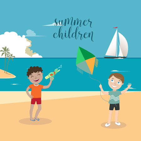 Children Sea Vacation. Boys Playing on the Beach. Vector illustrationのイラスト素材