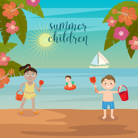 Children Sea Vacation. Girls and Boys Playing on the Beach. Vector illustrationのイラスト素材