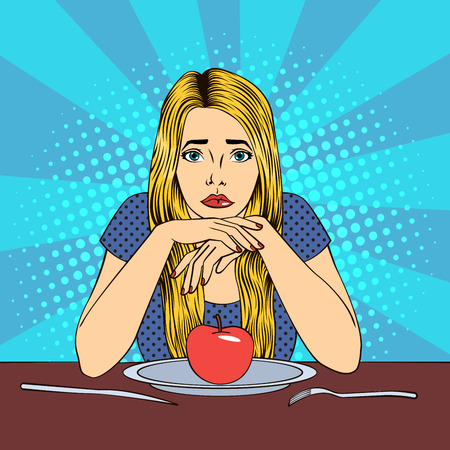Beautiful Young Blond Woman in Diet with Apple on a Plate. Pop Art. Vector illustrationのイラスト素材