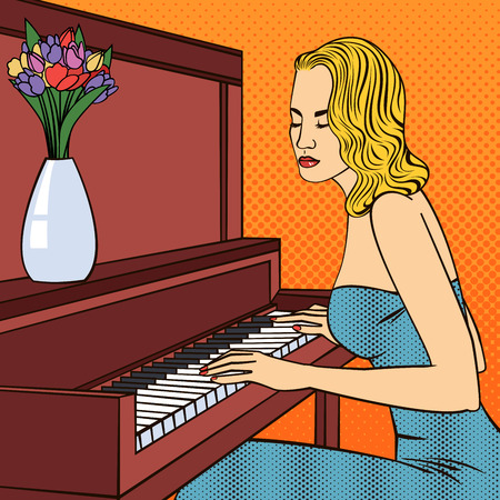 Beautiful Young Woman Playing on Piano. Pop Art. Vector illustrationのイラスト素材