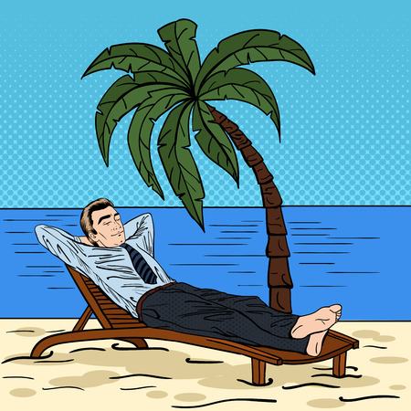 Businessman Relaxing on the Beach. Man on Tropical Vacation. Pop Art. Vector illustrationのイラスト素材
