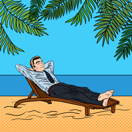 Businessman Relaxing on the Beach. Man on Tropical Vacation. Pop Art. Vector illustrationのイラスト素材