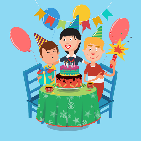Family Birthday Party. Happy Family Celebrating Sons Birthday. Vector illustrationのイラスト素材