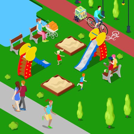Isometric City. City Park with Children Playground and Bicycle Path. Vector illustrationのイラスト素材