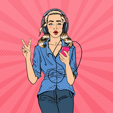 Young Woman Listening Music with Smartphone. Girl in Headphones. Pop Art. Vector illustrationのイラスト素材