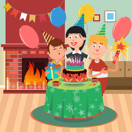 Family Birthday Party. Happy Family Celebrating Sons Birthday. Vector illustrationのイラスト素材