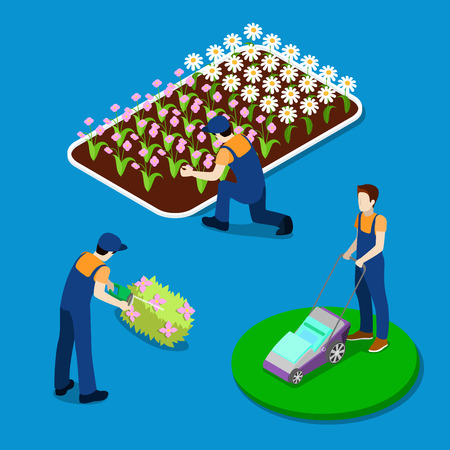 Gardener Trimming Plants. Garden Worker Using Lawn Mower. Isometric People. Vector illustrationのイラスト素材