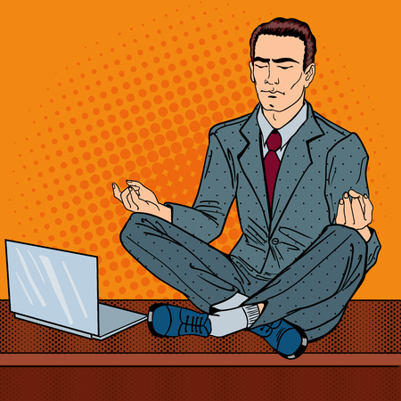 Businessman Relaxing and Meditating on the Office Table with Laptop. Pop Art. Vector illustrationのイラスト素材