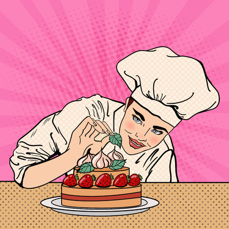 Attractive Female Chef Decorating Delicious Cake with Strawberries. Pop Art. Vector illustrationのイラスト素材