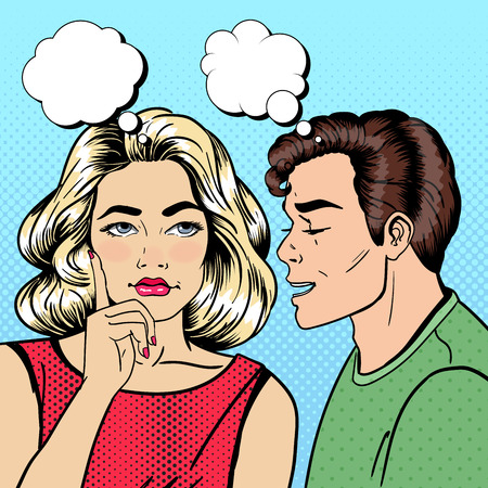 Man Whispering Something to his Girlfriend. Happy Couple. Pop Art. Vector illustrationのイラスト素材