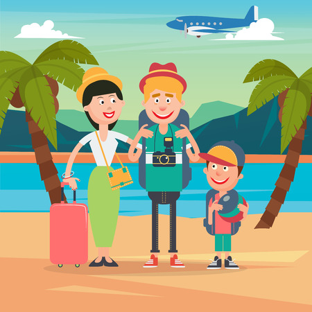 Happy Family on Travel by Airplane. Young Family on the Tropical Vacation. Vector illustrationのイラスト素材