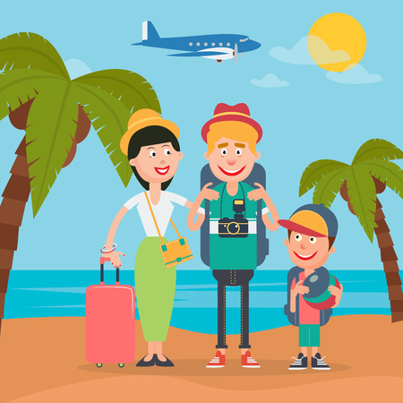 Happy Family on Travel by Airplane. Young Family on the Tropical Vacation. Vector illustrationのイラスト素材