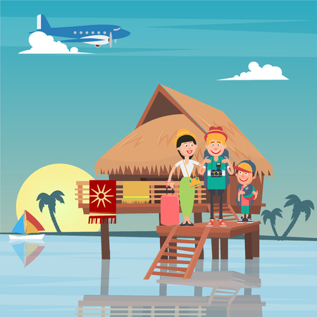 Happy Family on Travel by Airplane. Young Family on the Tropical Vacation. Vector illustrationのイラスト素材
