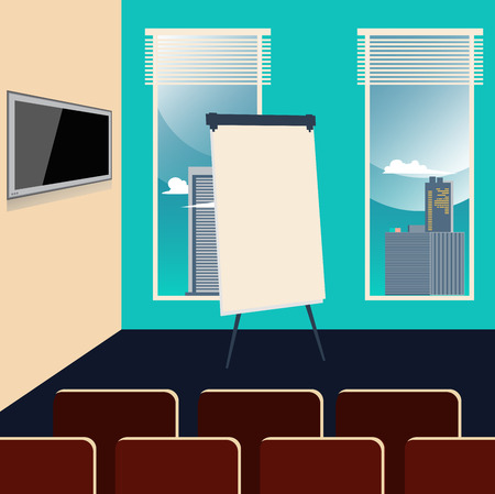 Conference Room Interior with Chairs, TV set and Board. Vector backgroundのイラスト素材