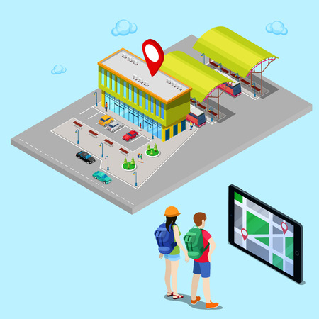 Tourist Searching Bus Station with Help of Mobile Navigation on Tablet. Isometric City. Vector illustrationのイラスト素材