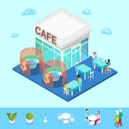 Isometric City. City Cafe with Tables and People. Vector illustrationのイラスト素材