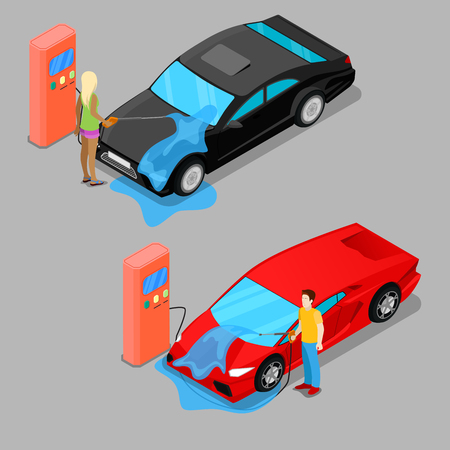 Isometric Hand Car Wash. Driver Washing Car. Vector illustrationのイラスト素材