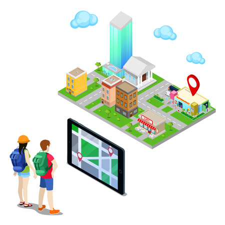 Isometric Mobile Navigation. Tourists Searching Supermarket in the City. Vector illustrationのイラスト素材